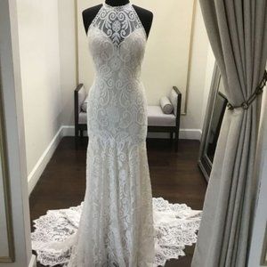Allure Bridals Lace Gown. Boho Style. High neck. Open back